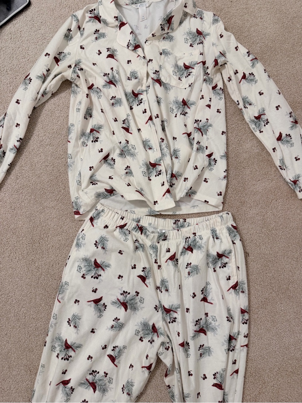 Cream Women's Pajama Set with Red Cardinal Print